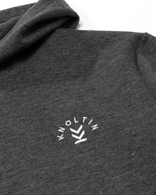 Charcoal Heather Close-up of Knoltin Ridgeline Hoodie  featuring embroidered front logo