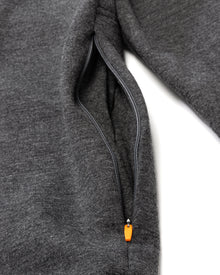 Charcoal Heather Close-up of orange zipper detail on Ridgeline Hoodie inspired by hunting gear